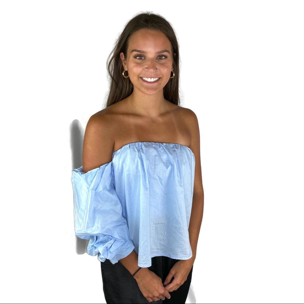 Aqua Crop Top Sky Blue light Cotton With One Off Shoulder Sleeve Size Small - Picture 5 of 16